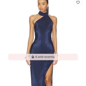 Lovers + Friends Navy One-Shoulder Halter Gown with Side Slit